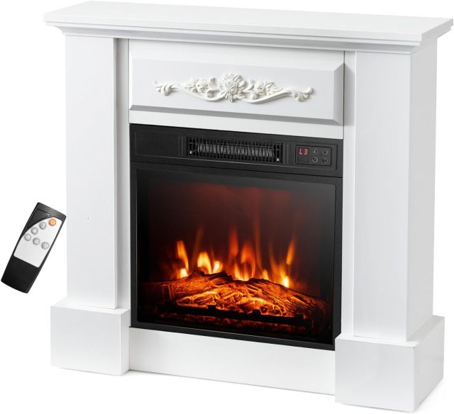 1400W 32 Inches Electric Fireplace with Mantel, 3D Flame Effect, Remote Control, Thermostat, 6H Timer, Overheat Protection