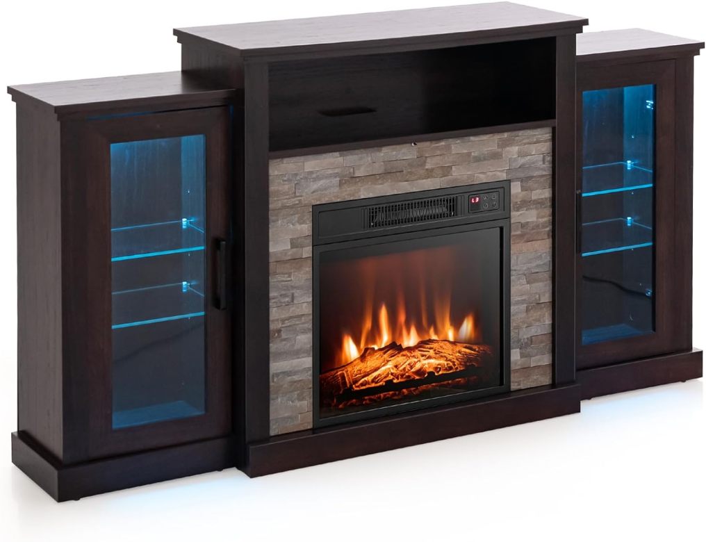 ARLIME Fireplace TV Stand with LED Lights for TV up to 65”, Entertainment Center with 18” Electric Fireplace
