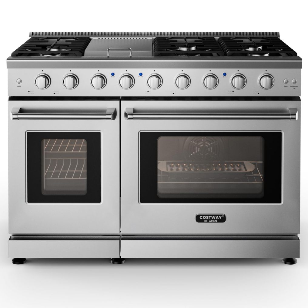 ARLIME 48 Inches Natural Gas Range, with 7 Burners Cooktop & Double Ovens, Storage Drawer