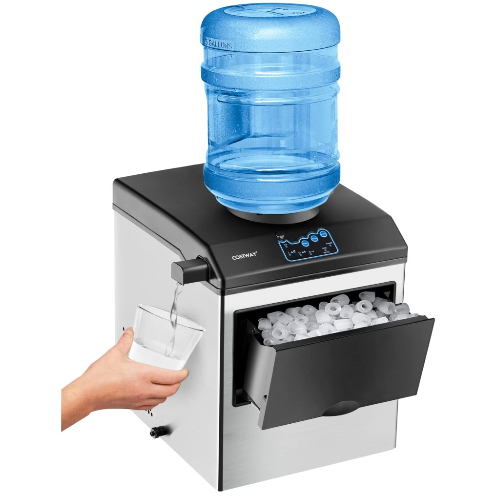 2 in 1 Countertop Ice Maker with Water Dispenser, 5 lbs Storage Basket, S/M/L Size Ice Cube, Fast 6 Mins, Stainless Steel