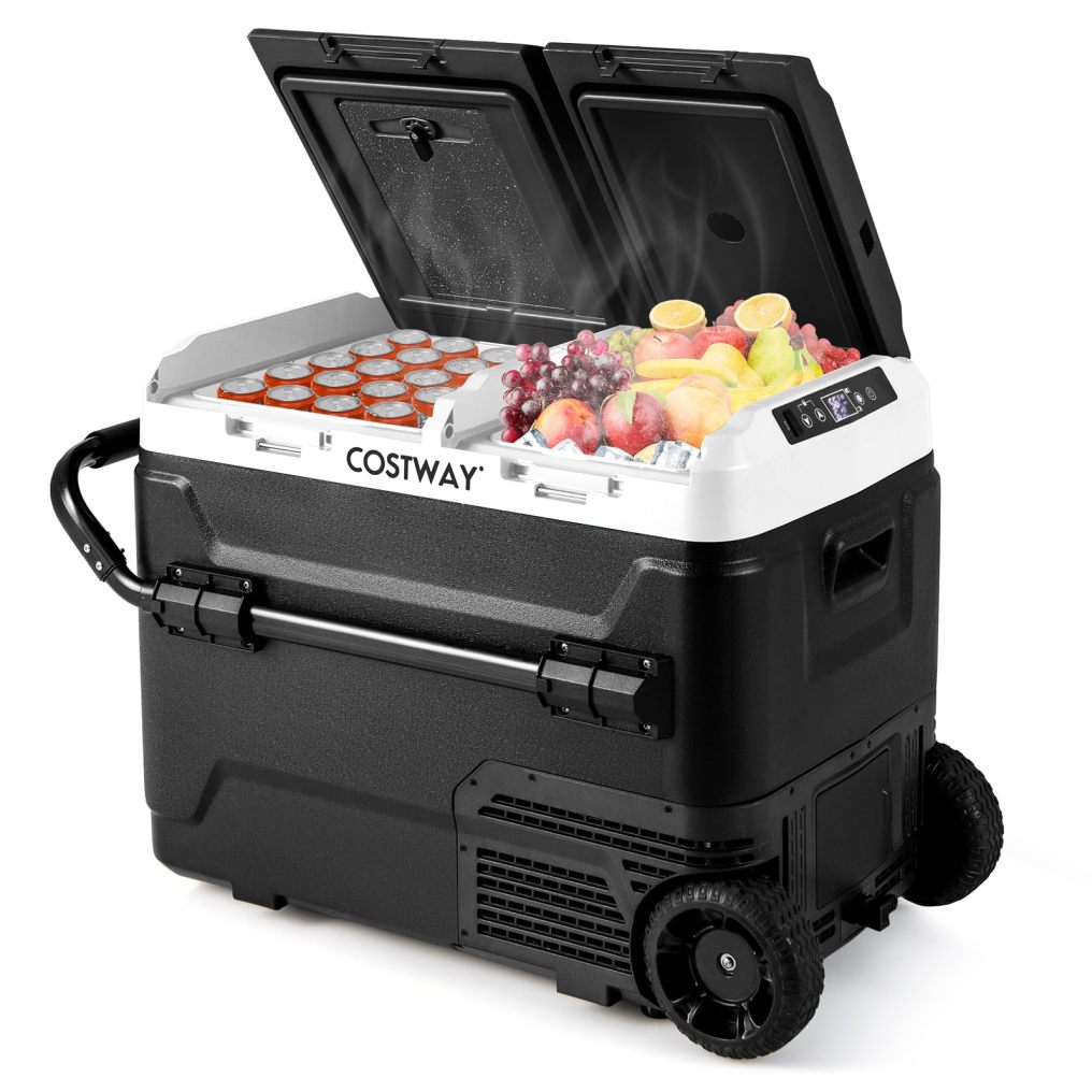 Car Refrigerator with Wheels, 53-Quart Dual-zone Dual-temperature Electric Cooler, 12V/24V DC, 100-240V AC, Black