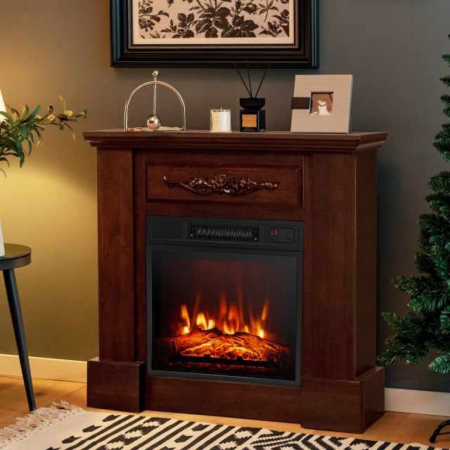 1400W 32 Inches Electric Fireplace with Mantel, 3D Flame Effect, Remote Control, Thermostat, 6H Timer, Overheat Protection