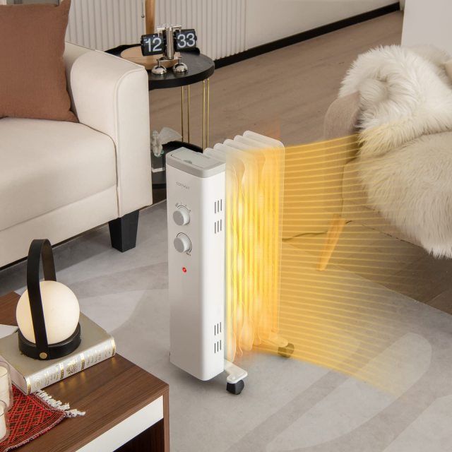 1500W Oil Filled Radiator Heater, Electric Oil Radiant Heater w/Universal Wheels, 3-Level Heat