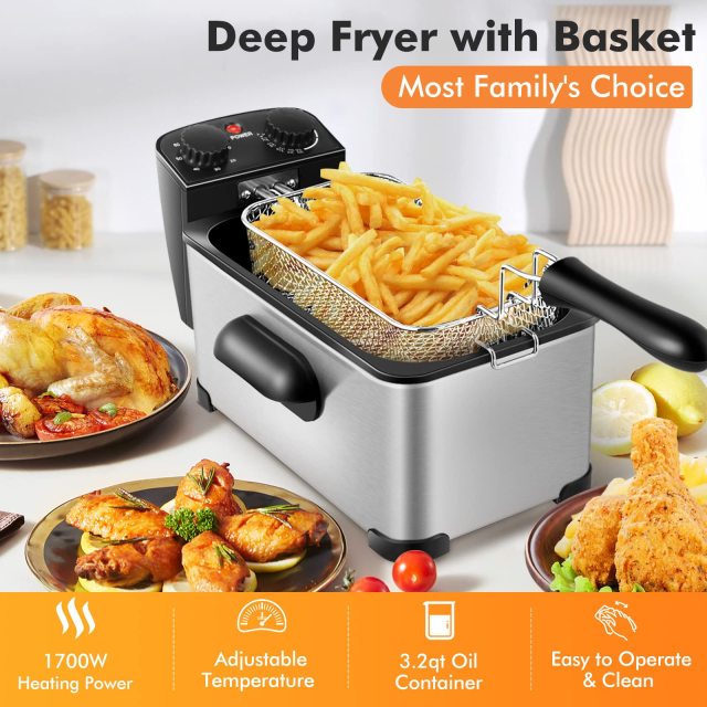 ARLIME Deep Fryer with Basket, 3.2Qt Stainless Steel Electric Oil Fryer w/Adjustable Temperature, Timer