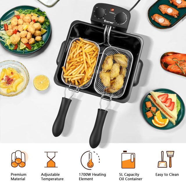 ARLIME Deep Fryer with 3 Baskets, 5.3Qt Stainless Steel Electric Oil Fryer w/Adjustable Temperature, Timer