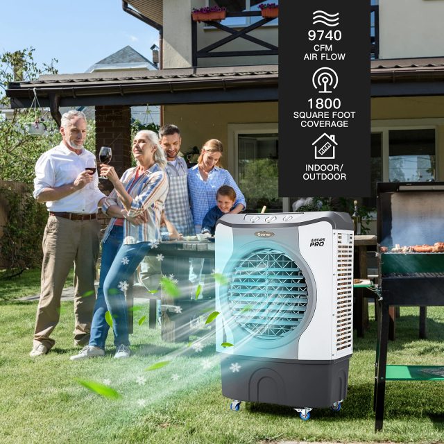Evaporative Air Cooler, 4-in-1 9740 CFM Swamp Cooler with 100°Oscillation, 210W Cooling Fan