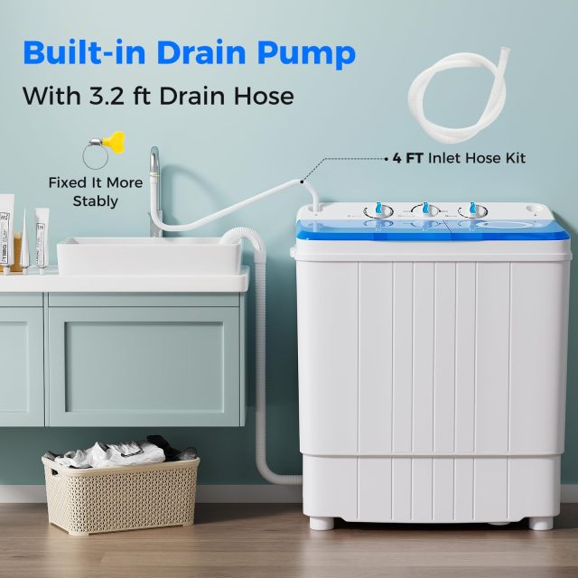 ARLIME Portable Washing Machine, 17.6lbs Compact Portable Washer Twin Tub Combo with Pump Drain (Blue & White)