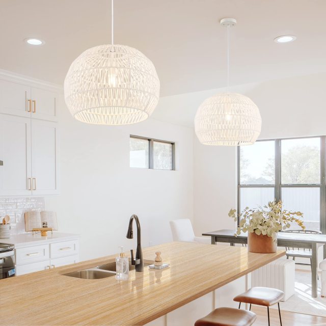 ARLIME Farmhouse Rattan Pendant Lights - Boho Modern Round Ceiling Chandelier Hanging Lamp