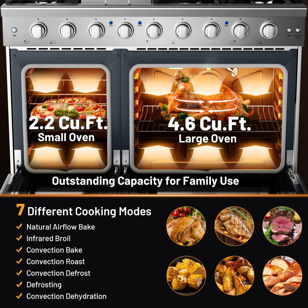 ARLIME 48 Inches Natural Gas Range, with 7 Burners Cooktop & Double Ovens, Storage Drawer