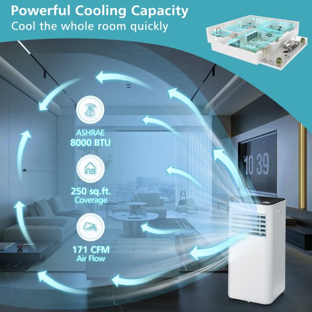 8000 BTU Portable Air Conditioner, with Fan & Dehumidifier Mode, Quiet AC Unit with Sleep Mode, 2 Speeds, 24H Timer