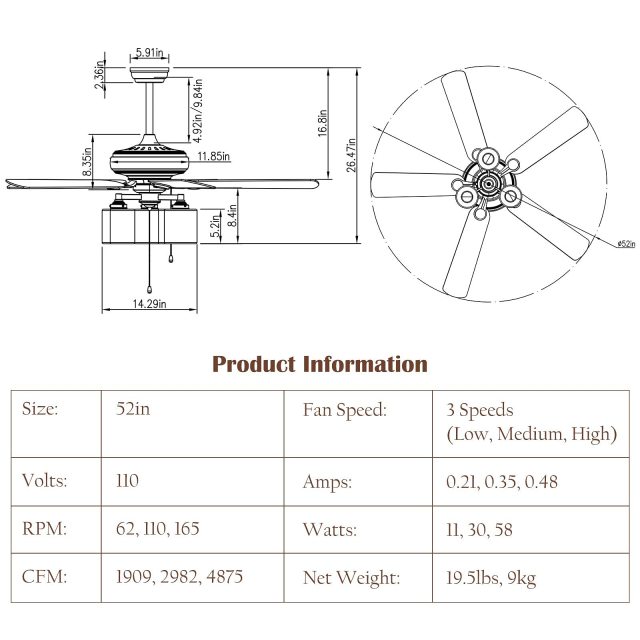 Ceiling Fan with Lights 52 Inch, Industrial Pull Chain Ceiling Fan with Lighting, Reversible Motor and 5 Blades
