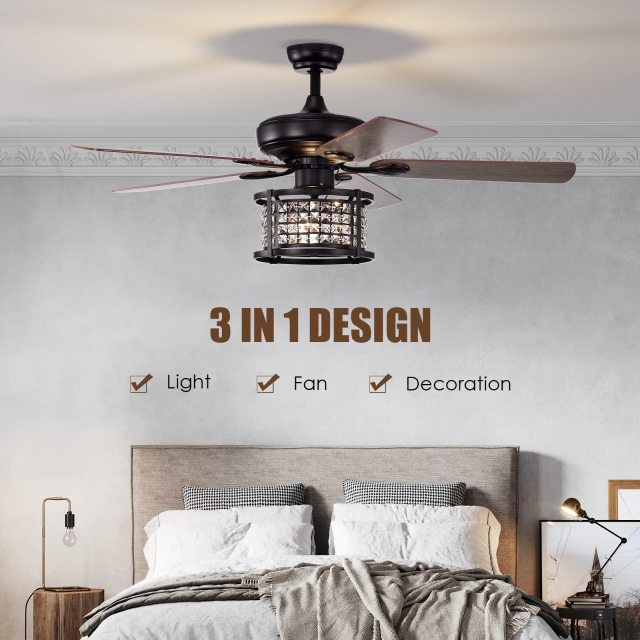 ARLIME 52-Inch Ceiling Fan Light, Crystal Ceiling Fan with Lights & Remote Control (Matte Black)