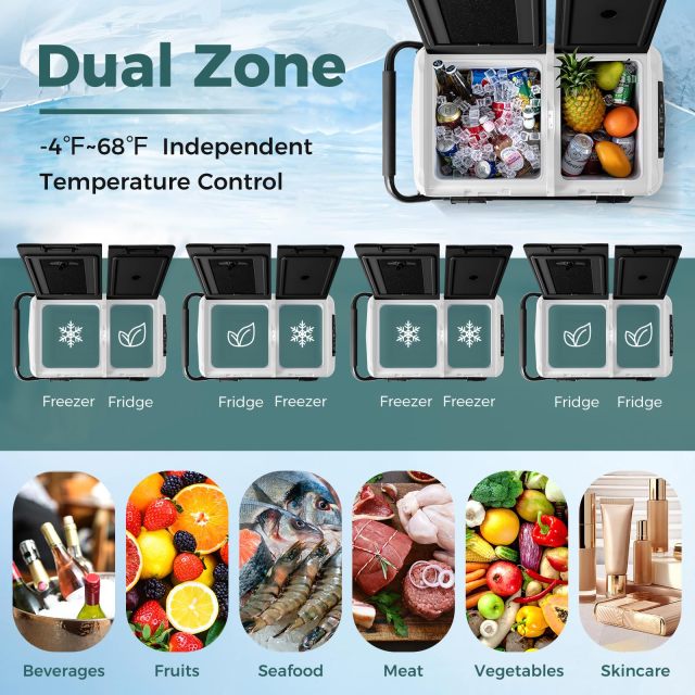 Car Refrigerator with Wheels, 53-Quart Dual-zone Dual-temperature Electric Cooler, 12V/24V DC, 100-240V AC, Black