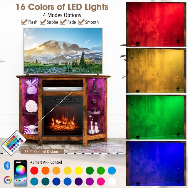 ARLIME Corner Fireplace TV Stand with LED Lights for TVs up to 50”, Modern Entertainment Center with Electric Fireplace