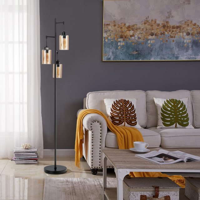 3 Lights Floor Lamp, Retro Floor Lamp with 3-Head Hanging Amber Glass Shade