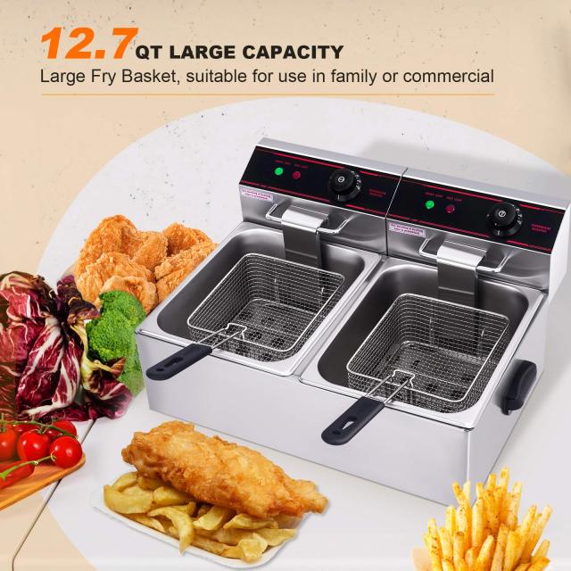 ARLIME Commercial Deep Fryer, 3400W Countertop Electric Fryers w/2 Baskets, Lids and Temperature Control