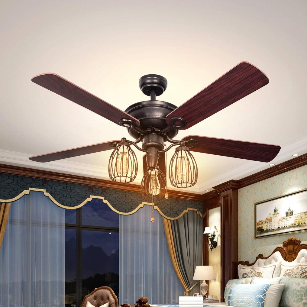 ARLIME 52-Inch Ceiling Fan with Lights, Industrial Ceiling Fan w/ 5 Iron Blades & 3 Cage Lights