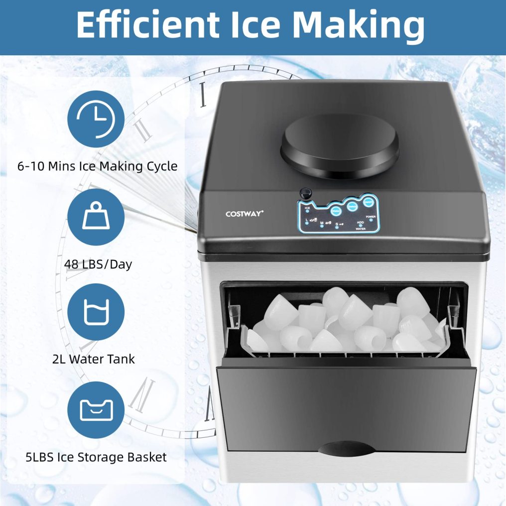 2 in 1 Countertop Ice Maker with Water Dispenser, 5 lbs Storage Basket, S/M/L Size Ice Cube, Fast 6 Mins, Stainless Steel