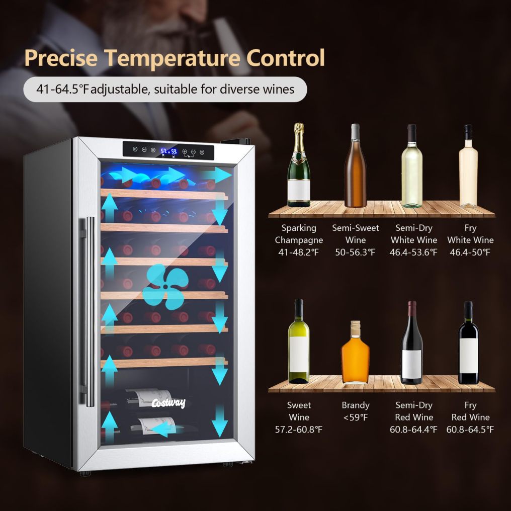 ARLIME 20 Inch Wine Cooler, 33 Bottles Wine Refrigerator with 2-Layer Tempered Glass Door & Dual Alarm Function