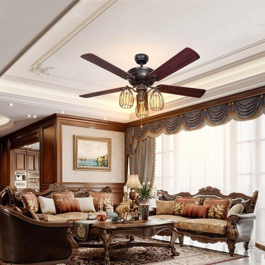 ARLIME 52-Inch Ceiling Fan with Lights, Industrial Ceiling Fan w/ 5 Iron Blades & 3 Cage Lights