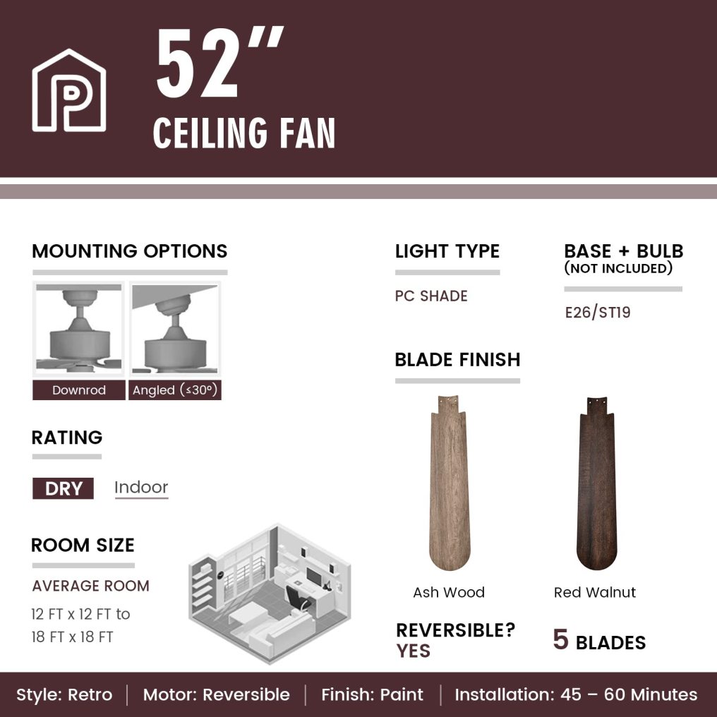 ARLIME 52 Inches Ceiling Fan with Remote Control, Indoor Ceiling Fan with 2 Downrods