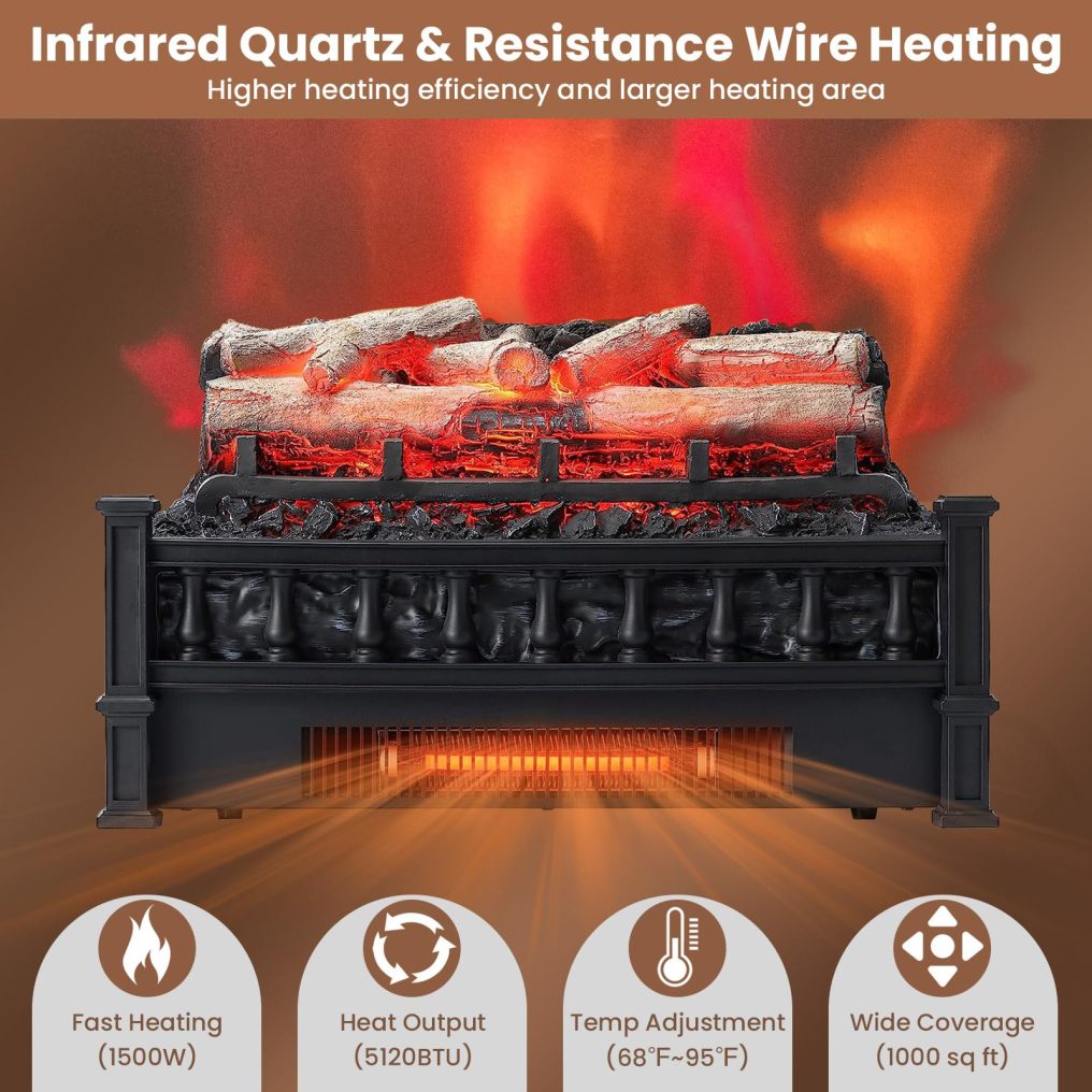 ARLIME 20” Electric Fireplace Log Set Heater with Adjustable Temp, Overheating Protection, Realistic Birch Wood Ember Bed
