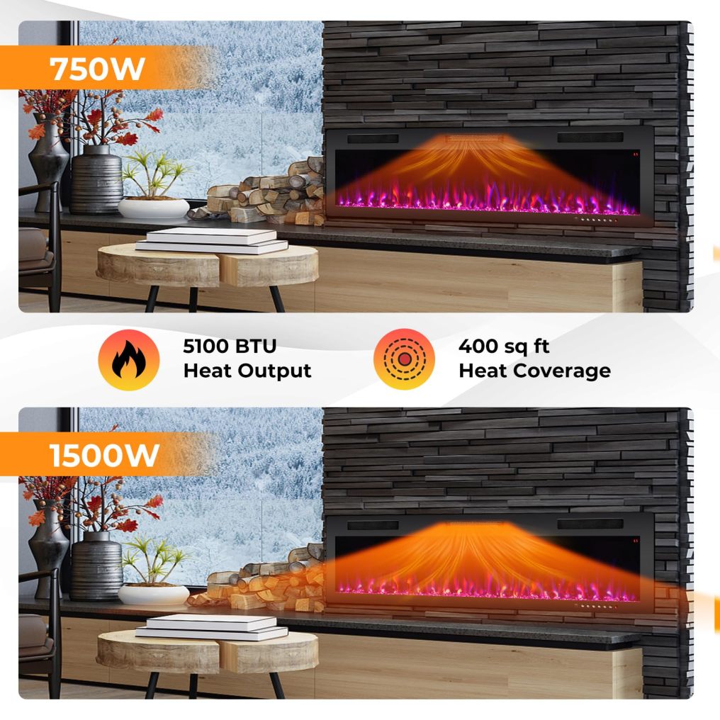 ARLIME 60 Inch Electric Fireplace Recessed and Wall Mounted, 750W/1500W Electric Fireplace Heater with Remote