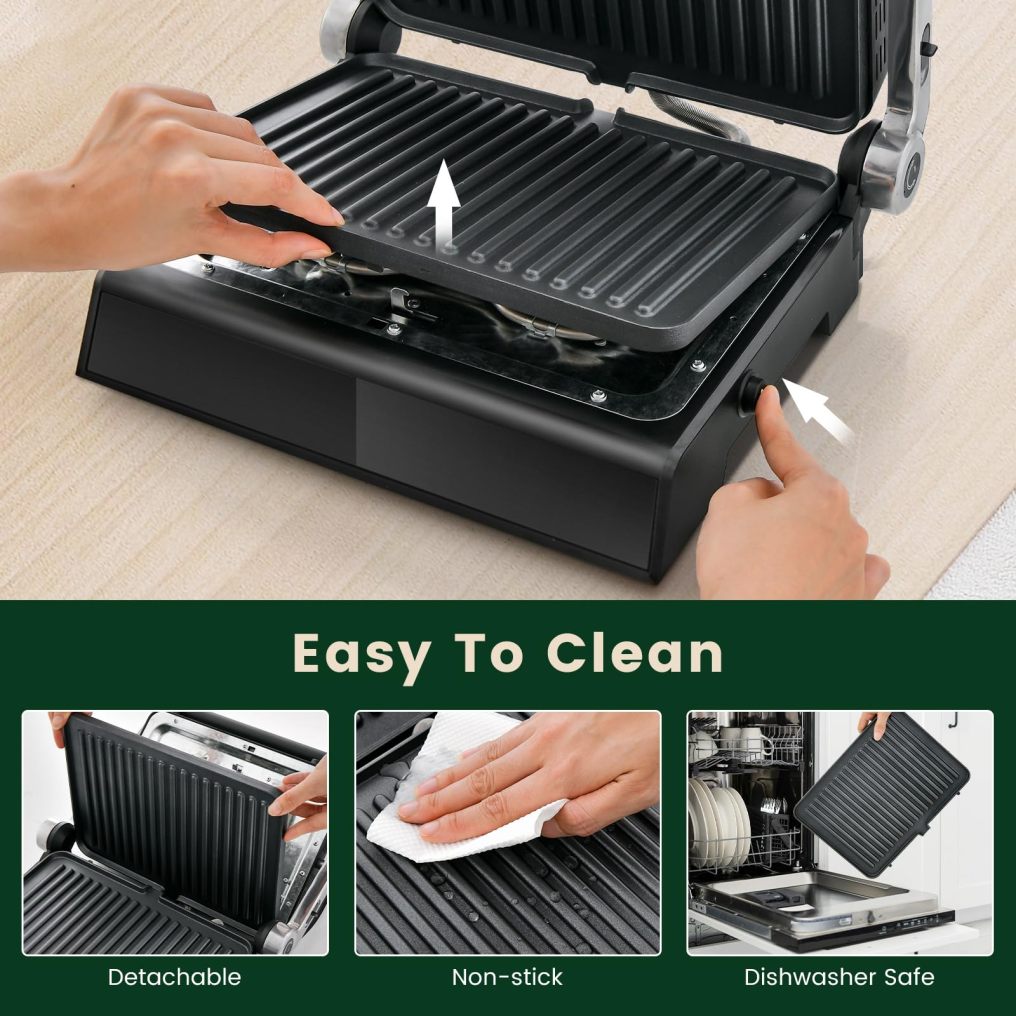 ARLIME Panini Press Sandwich Maker, 3-in-1 Electric Indoor Grill, 2 Removable & Dishwasher Safe Non-Stick Plates, Drip Tray, 5 Auto Modes