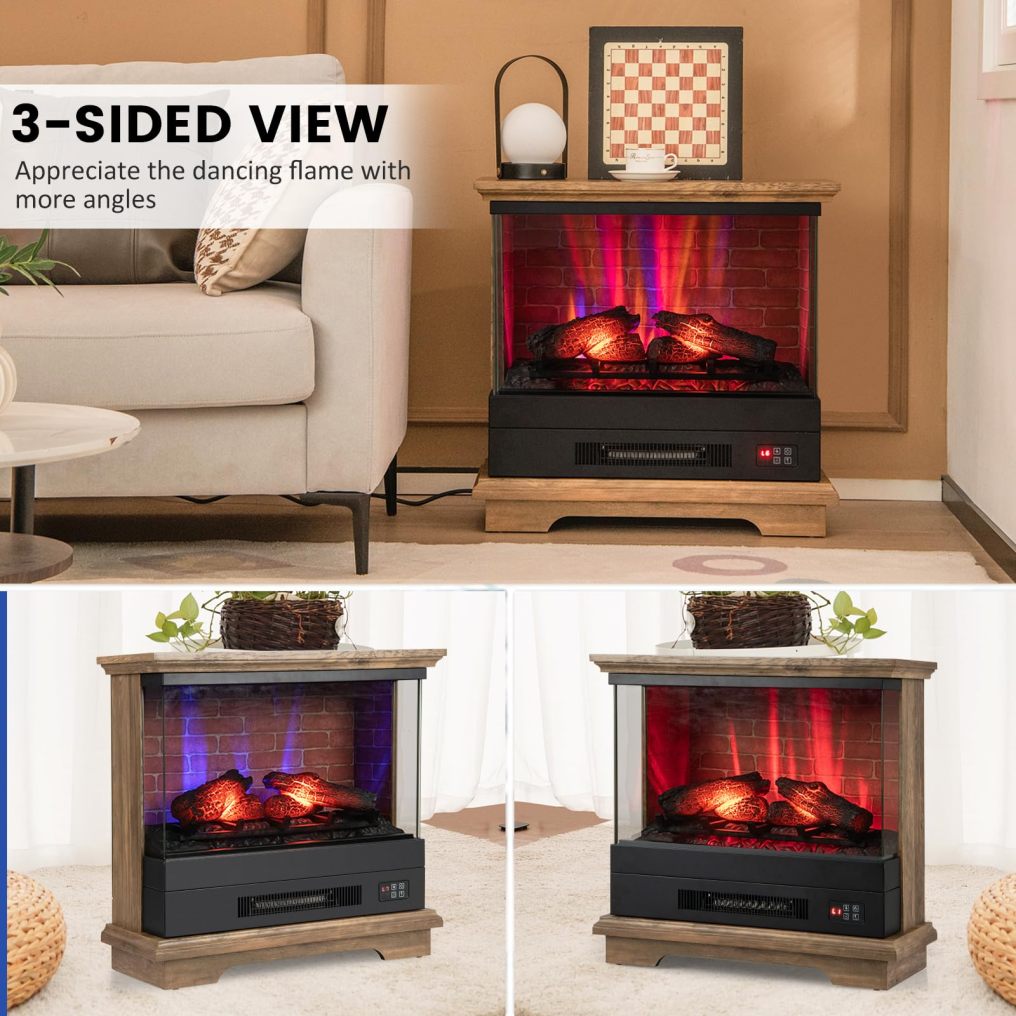 ARLIME Electric Fireplace with 3-Sided Glass 27-inch Wide, 1400W Freestanding Fireplace Heater with Remote Control