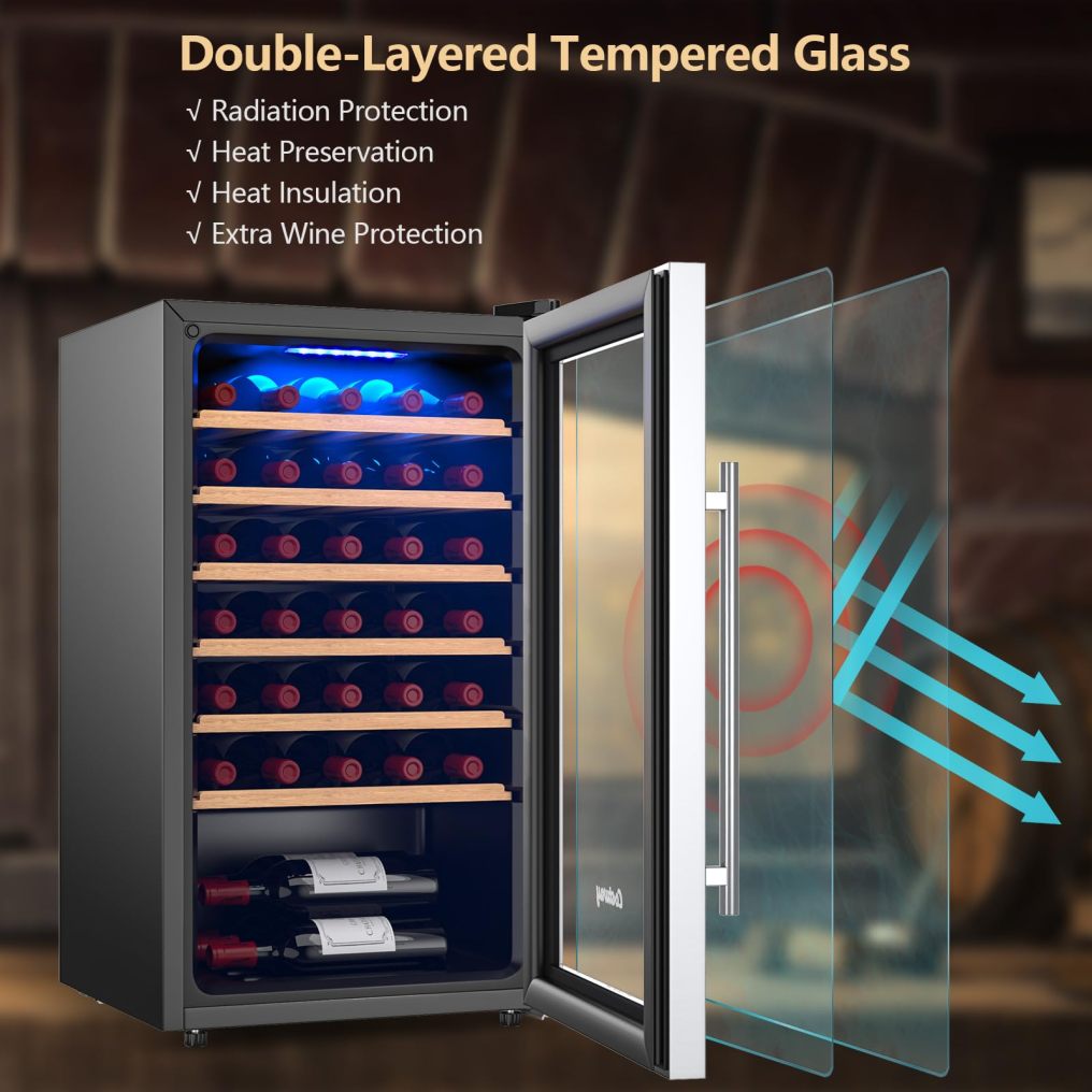 ARLIME 20 Inch Wine Cooler, 33 Bottles Wine Refrigerator with 2-Layer Tempered Glass Door & Dual Alarm Function