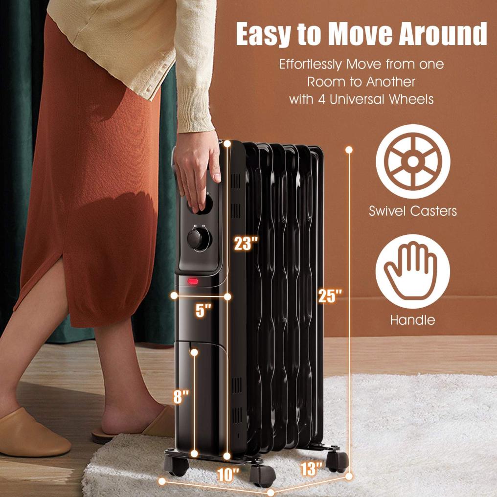 1500W Oil Filled Radiator Heater, Electric Space Heater with 3 Heating Modes, Adjustable Thermostat
