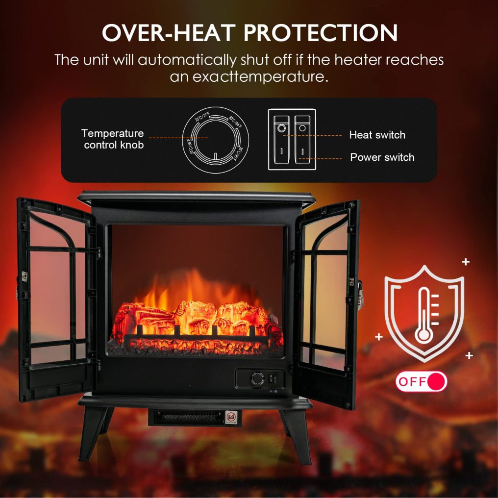 25 Inches Electric Fireplace Stove, 1400 W Freestanding Fireplace Heater, Indoor Electric Stove Heater