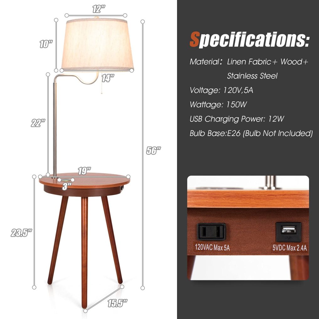 ARLIME Floor Lamp End Table w/USB Charging Port