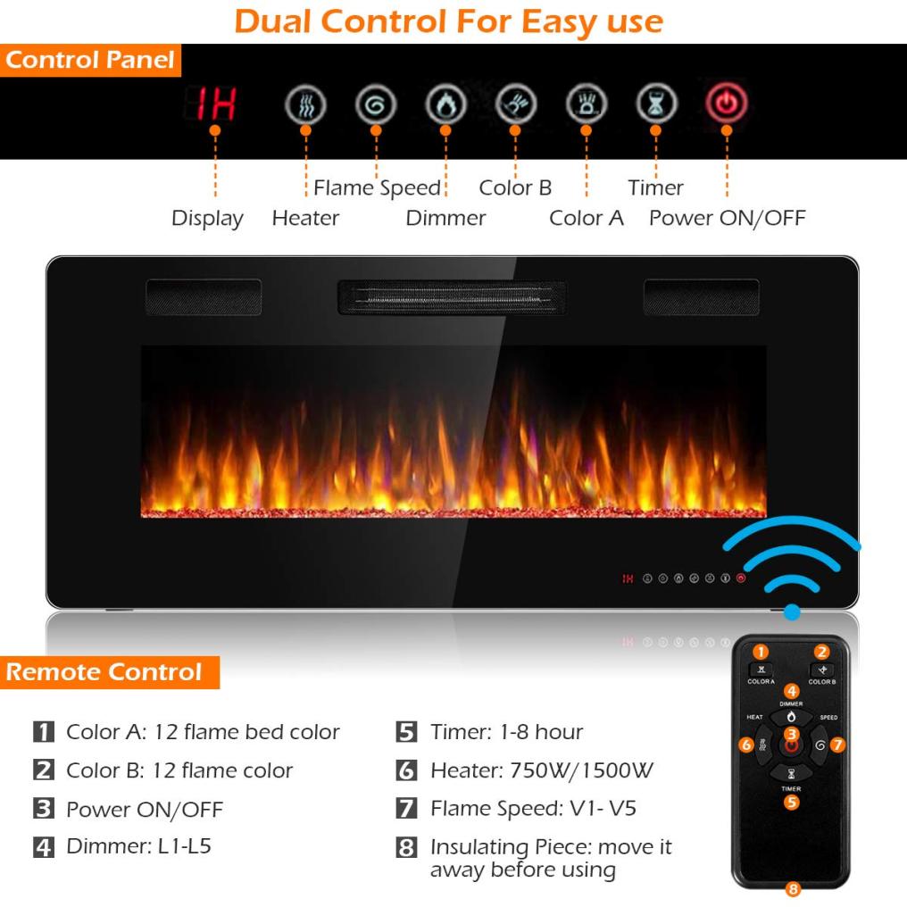 ARLIME 42 Inch Electric Fireplace Recessed and Wall Mounted, Fireplace Heater in-Wall Built with Remote Control, Timer, Touch Screen, Adjustable Color