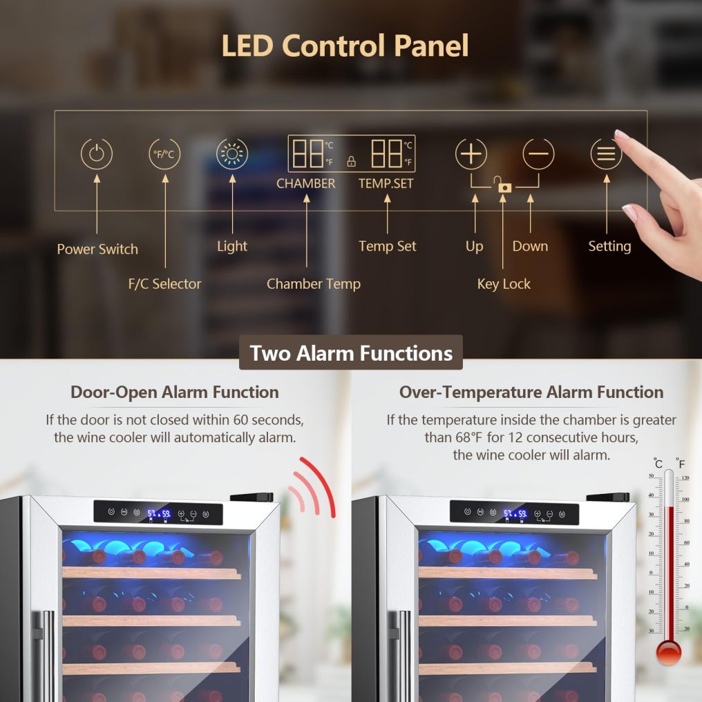 ARLIME 20 Inch Wine Cooler, 33 Bottles Wine Refrigerator with 2-Layer Tempered Glass Door & Dual Alarm Function