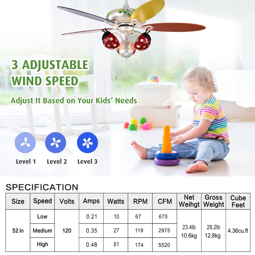 ARLIME 52" Ceiling Fan with Pull Chain Control, Kids Fan Light with 5 Colorful Blades and 3-Speed