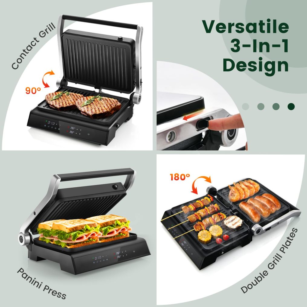 ARLIME Panini Press Sandwich Maker, 3-in-1 Electric Indoor Grill, 2 Removable & Dishwasher Safe Non-Stick Plates, Drip Tray, 5 Auto Modes