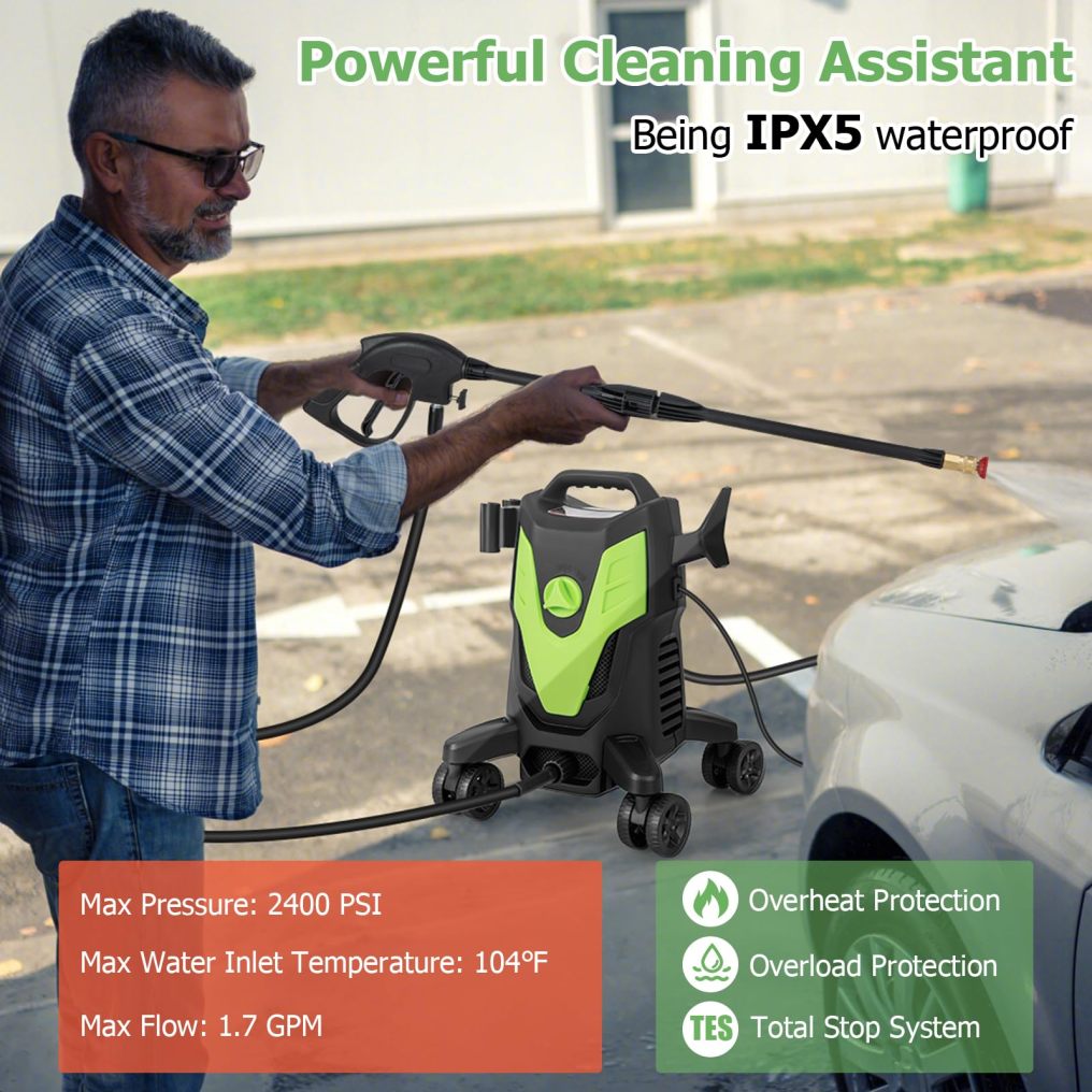 ARLIME Electric Pressure Washer with 4 Universal Wheels, 2400 PSI High Pressure Cleaner Machine with 4 Nozzles and Soap Bottle