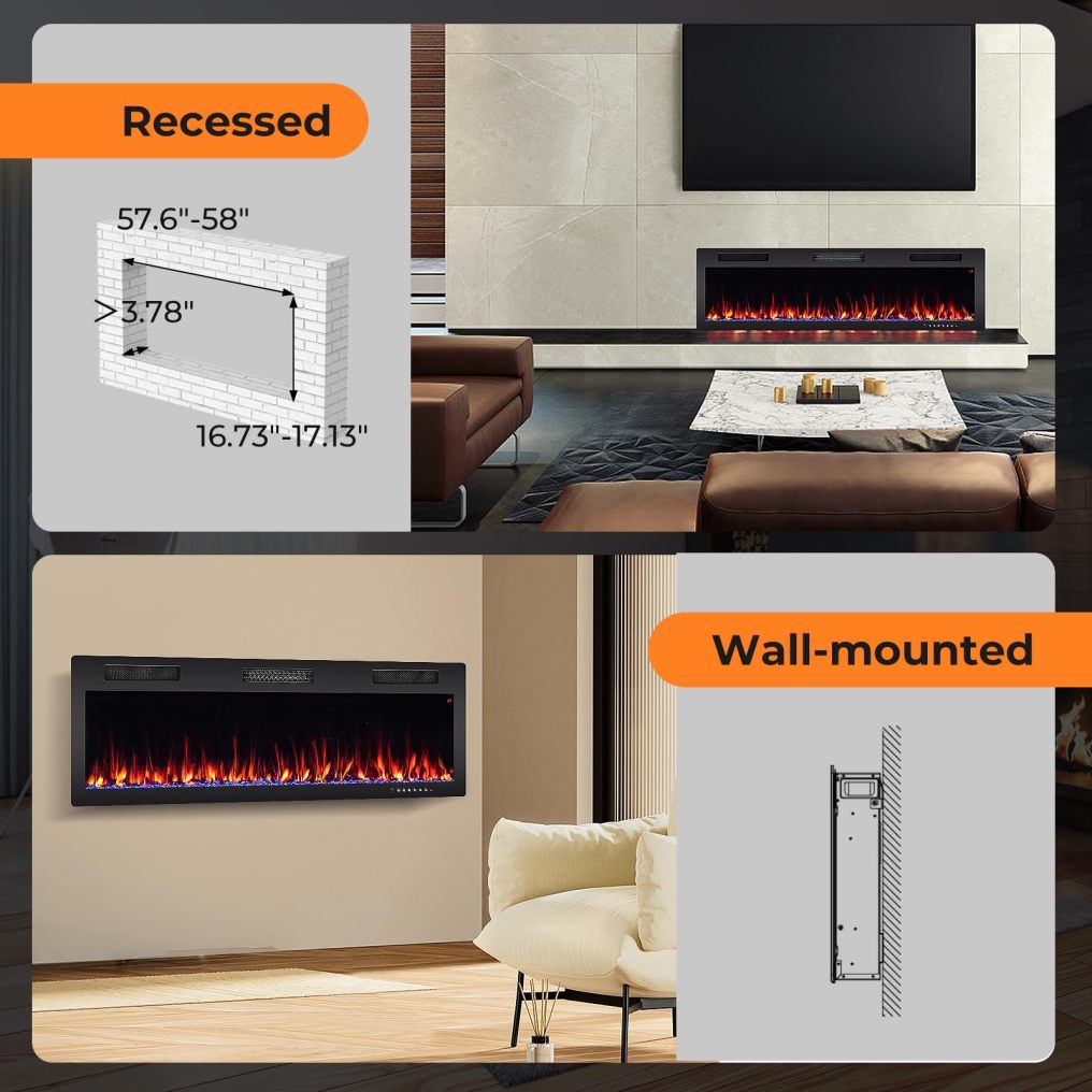ARLIME 60 Inch Electric Fireplace Recessed and Wall Mounted, 750W/1500W Electric Fireplace Heater with Remote