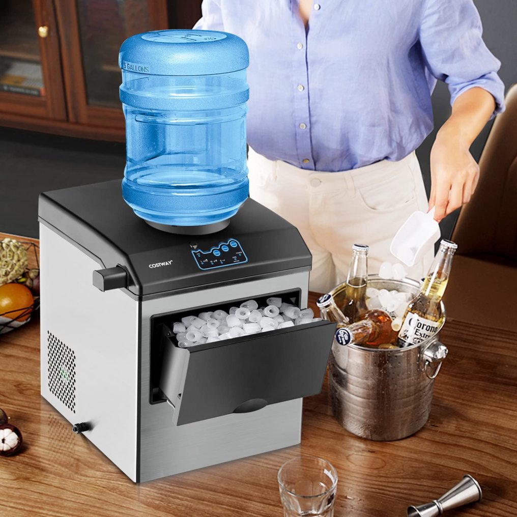 2 in 1 Countertop Ice Maker with Water Dispenser, 5 lbs Storage Basket, S/M/L Size Ice Cube, Fast 6 Mins, Stainless Steel