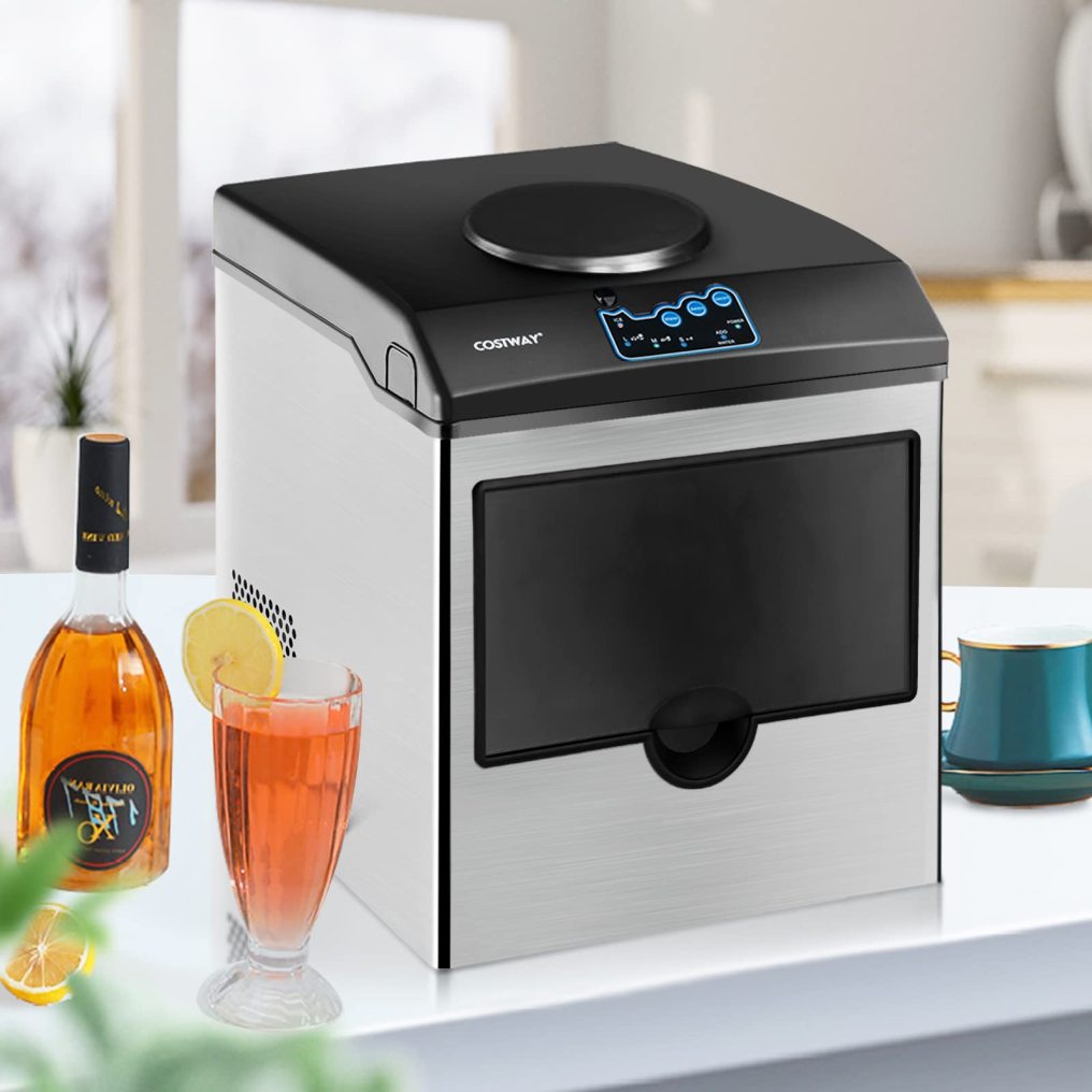2 in 1 Countertop Ice Maker with Water Dispenser, 5 lbs Storage Basket, S/M/L Size Ice Cube, Fast 6 Mins, Stainless Steel
