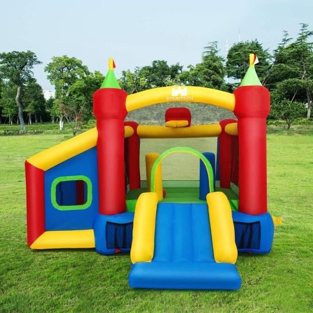 Inflatable Bounce House, 7-in-1 Kids Jumping Bouncy Castle with Slide, 480W Blower, 100 Ocean Balls, Basketball & Football Field for Backyard Fun