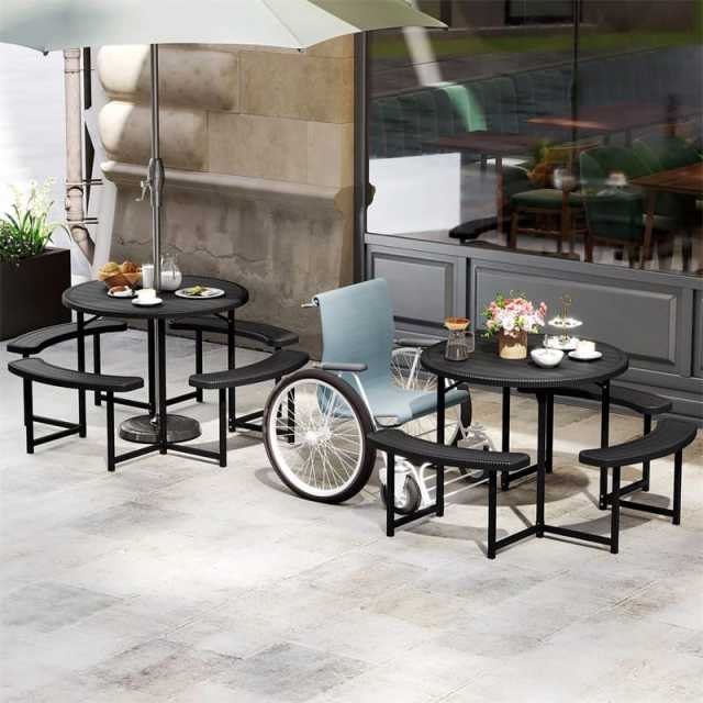 8 Person Round Outdoor Picnic Table Bench Set with Umbrella Hole, HDPE Tabletop, Metal Frame & 2000lbs Capacity for Patio, Garden, Lawn