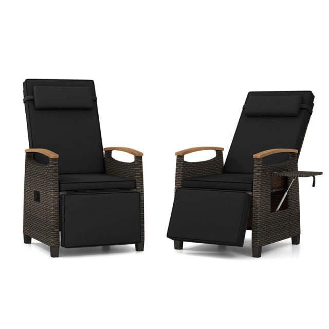 Outdoor Wicker Recliner Chair with Adjustable Backrest, Footrest, Flip Side Table & Cushion, Patio Rattan Chaise Lounge for Backyard Porch
