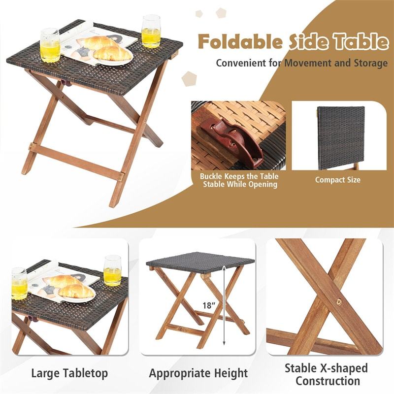 3 Piece Patio Rattan Chaise Lounge Chair & Folding Side Table Set, Acacia Wood Outdoor Recliner w/4-Position Adjustable Backrest for Poolside Backyard