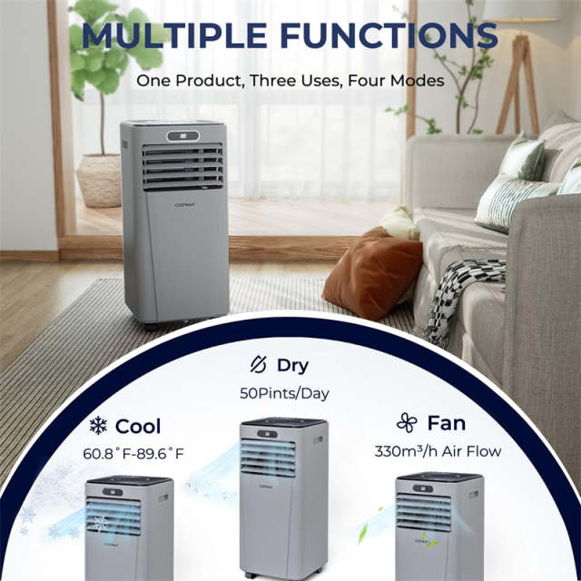 10000 BTU 4-in-1 Portable Air Conditioner with Dehumidifier, Remote, 24H Timer, Window Kit, Cools 350 Sq.Ft for Living Room, Bedroom, Office