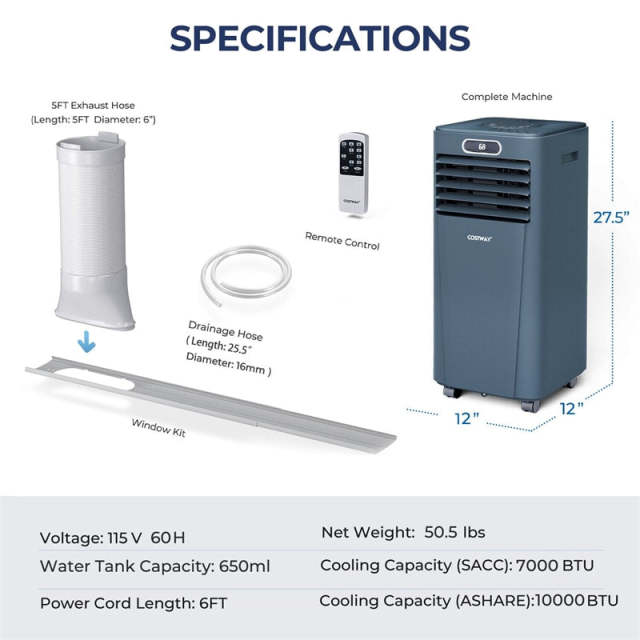 10000 BTU 4-in-1 Portable Air Conditioner with Dehumidifier, Remote, 24H Timer, Window Kit, Cools 350 Sq.Ft for Living Room, Bedroom, Office