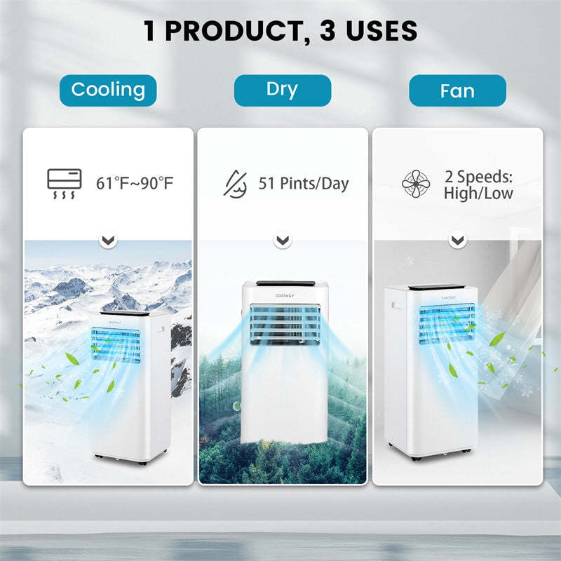 10000 BTU Portable Air Conditioner, 3-in-1 AC Unit with Fan, Dehumidifier & Sleep Modes, Remote Control, 24H Timer, Child Lock, Window Kit