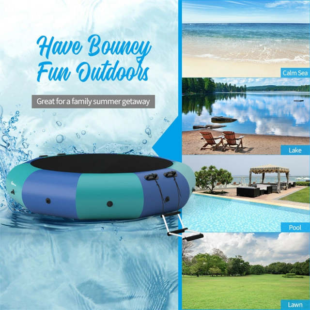 10FT Inflatable Water Trampoline, Floating Lake Trampoline with 500W Electric Inflator & Rope Ladder, Recreational Water Bouncer for Pool