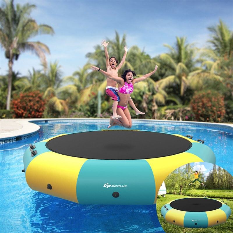 10FT Inflatable Water Trampoline, Floating Lake Trampoline with 500W Electric Inflator & Rope Ladder, Recreational Water Bouncer for Pool
